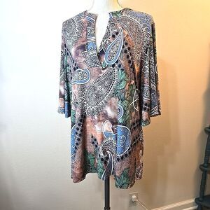 Honeyme Tunic Top Womens XL + 3/4 Split Sleeve Multi Paisley Floral Empire Waist